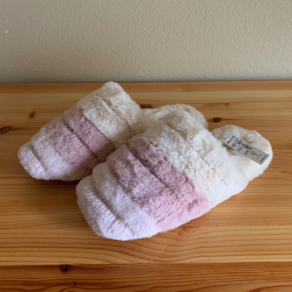 NWT Madewell Colorblock Quilted Scuff Slippers in Recycled Faux Fur